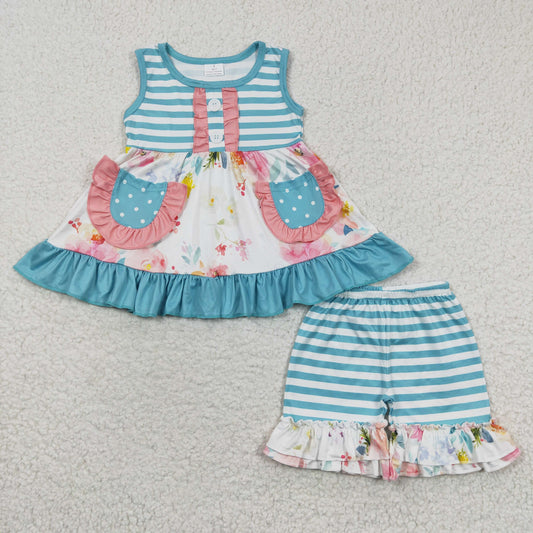 Blue Sleeveless Stripe Flowers Ruffles Girls Set