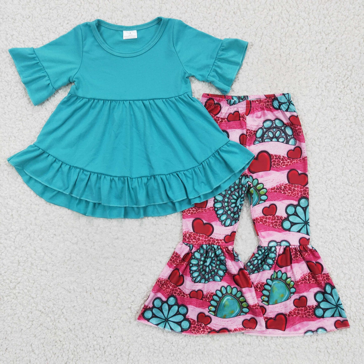 Valentine Day Solid Blue Ruffle Pink Bell Pants Girls Outfits