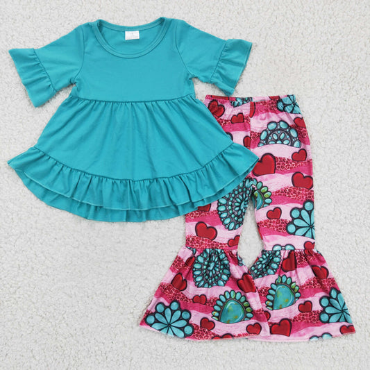 Valentine Day Solid Blue Ruffle Pink Bell Pants Girls Outfits