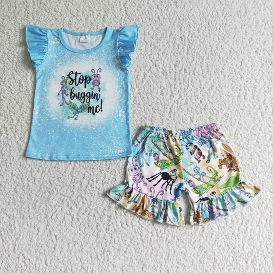 Girls Blue Cartoon Stop bugging Me Short Summer Set