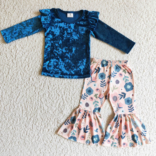Blue Flower Gold Velvet Gilr‘s Outfits