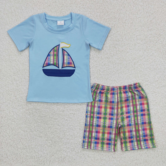 Blue  Embroidered Sailboat Boy Set