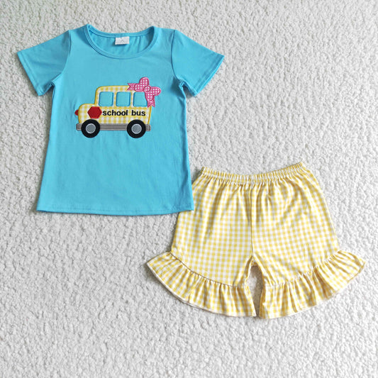 Blue Back To School bus Embroidery Ruffle Set