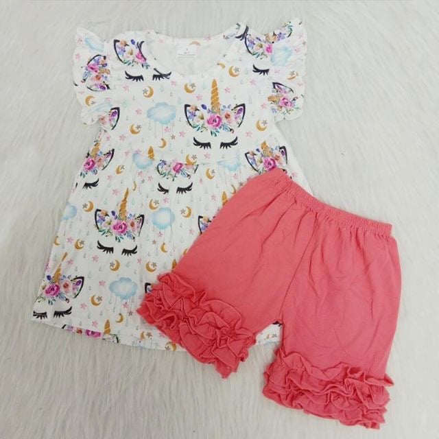 unicorn summer flutter Pink ruffles shorts set