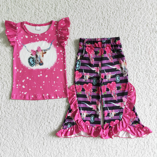 Flowers Cow With Ruffle Girls Outfits