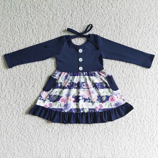 Fall Outfits Navy Stripe Flowers Girls Dress